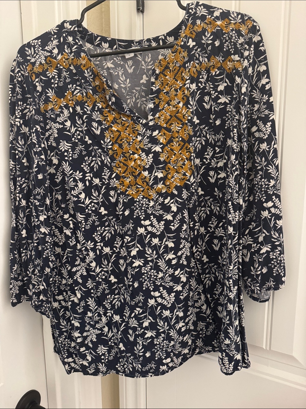 Women’s Navy Floral Blouse with Gold Embroidered V-Neck